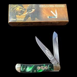 Frost Cutlery Bear & Bull Trapper Folding Knife Green Acrylic Handle